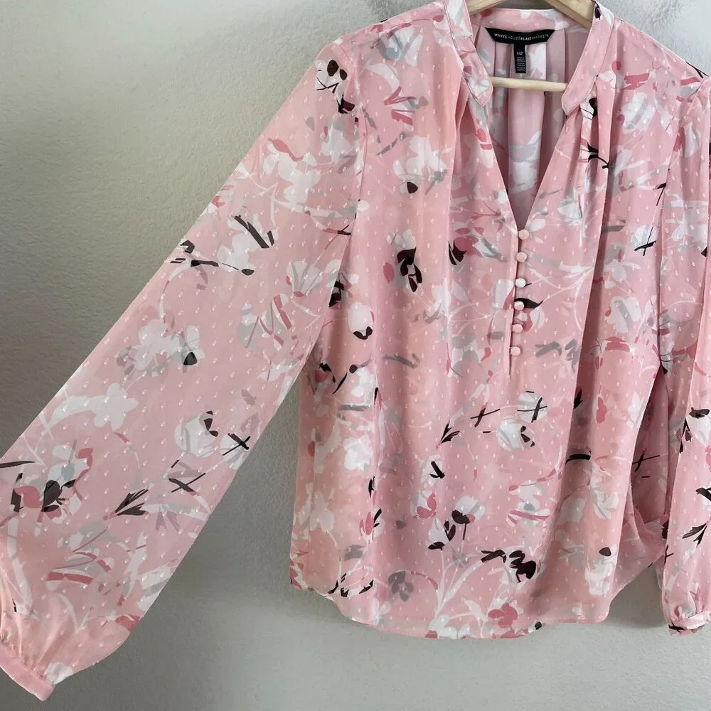 White House Black Market Womens 14‎ Petite Floral Blouse Long Sleeve V Neck Pink